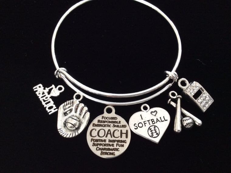Softball Fast Pitch Charm Bracelet Softball Coach Gift Adjustable One Size Fits All Expandable Charm Bracelet