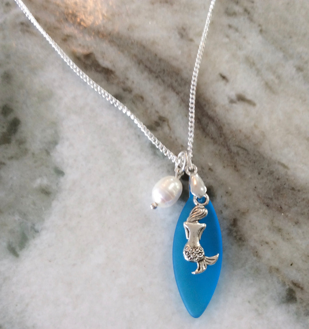 Mermaid Jewelry Pearl Necklace Blue Sea Glass Necklace Seaglass Jewelry Nautical Beach Glass Sterling Silver Necklace