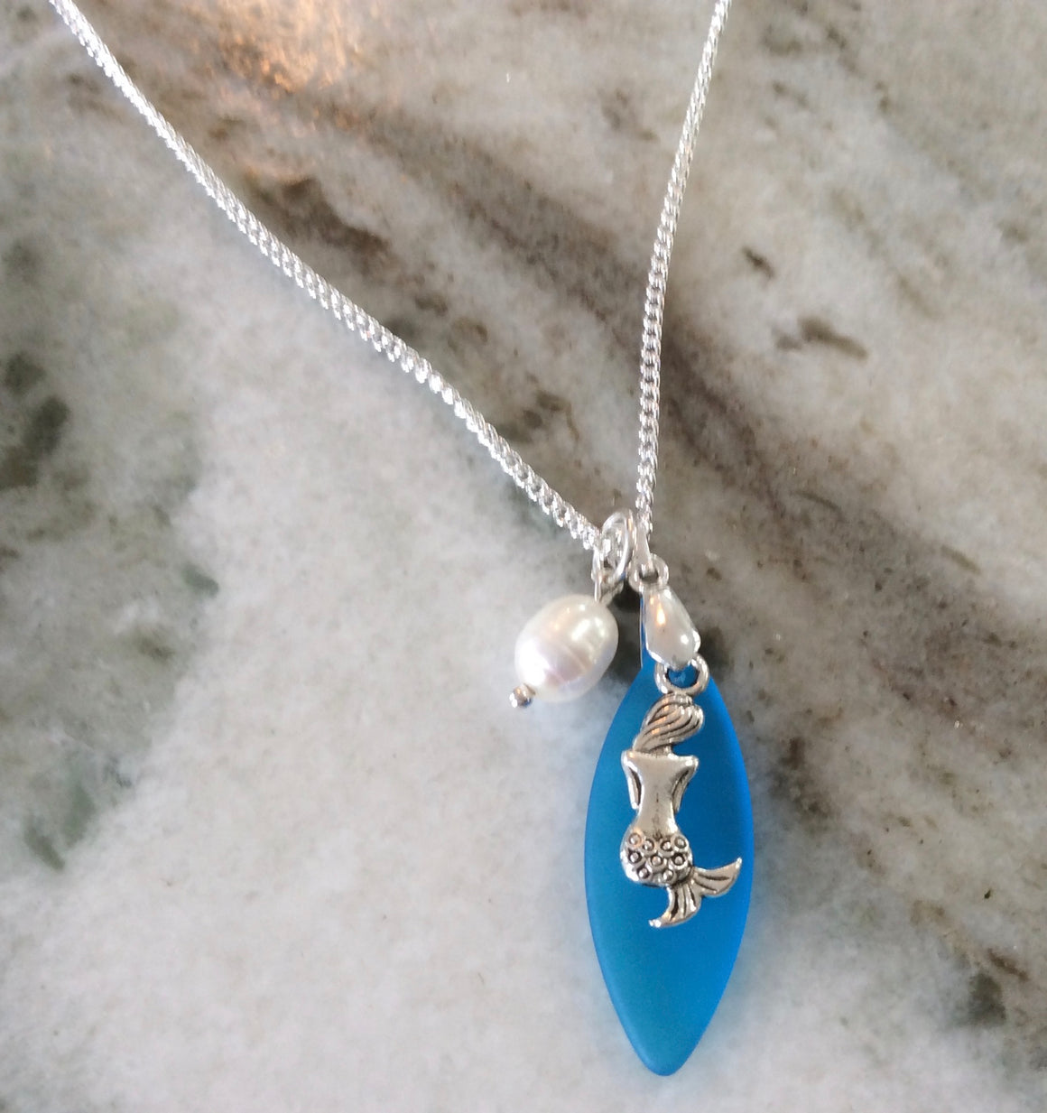 Mermaid Jewelry Pearl Necklace Blue Sea Glass Necklace Seaglass Jewelry Nautical Beach Glass Sterling Silver Necklace