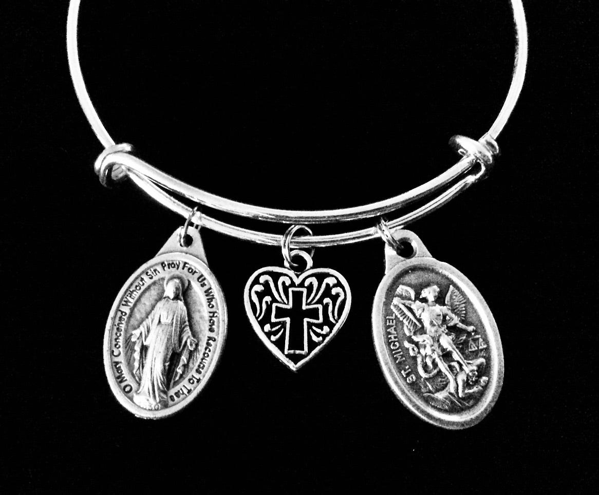 Miraculous Virgin Mary Jewelry Saint Michael Silver Expandable Charm Bracelet Adjustable One Size Fits All