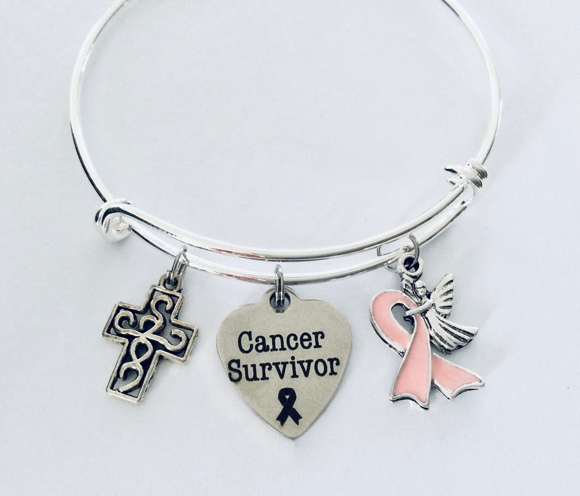 Cancer Survivor Guardian Angel Pink Awareness Ribbon Expandable Charm Bracelet Adjustable Bangle Meaningful Gift Breast Cancer Filigree Cross