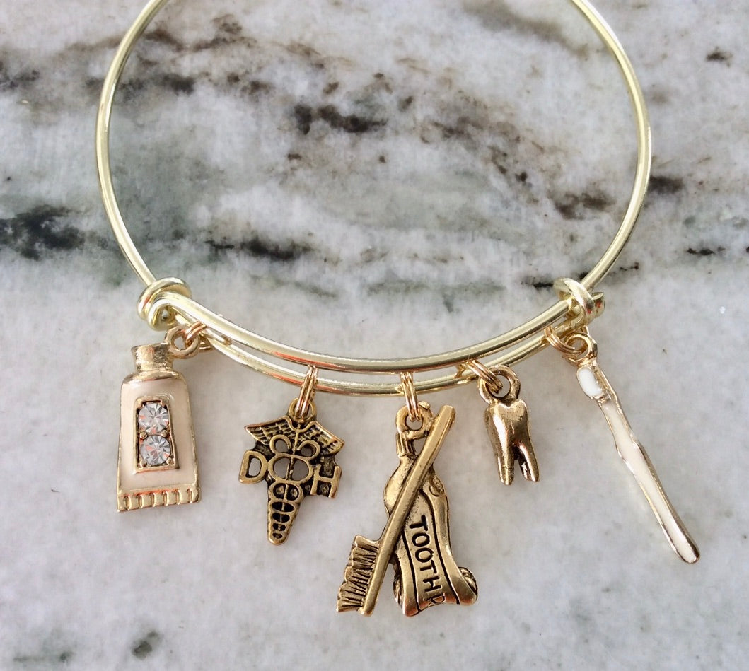 Gold DH Gift for Dental Hygienist Gold Tooth DH Caduceus Charm Expandable Bracelet Adjustable One Size Fits All