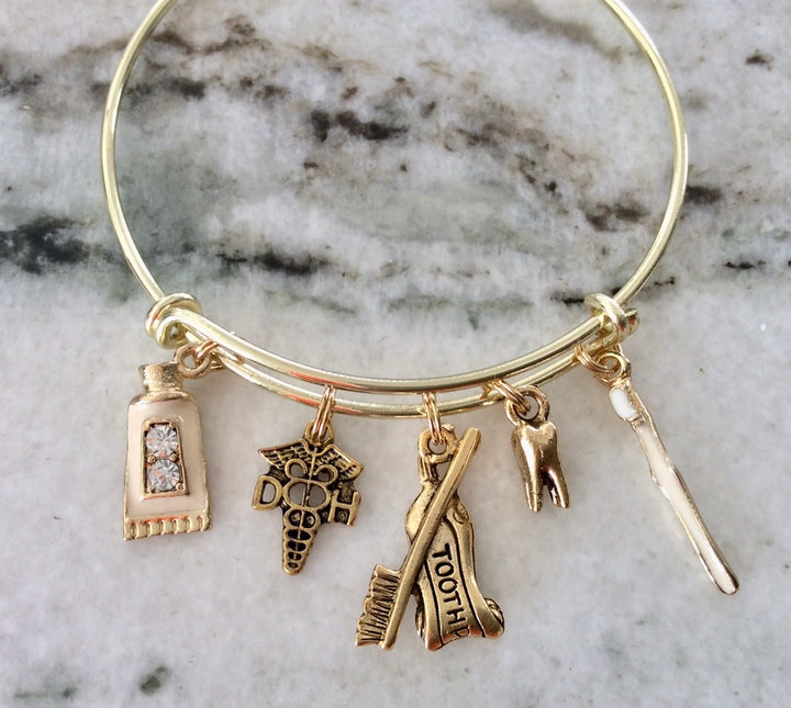 Gold DH Gift for Dental Hygienist Gold Tooth DH Caduceus Charm Expandable Bracelet Adjustable One Size Fits All