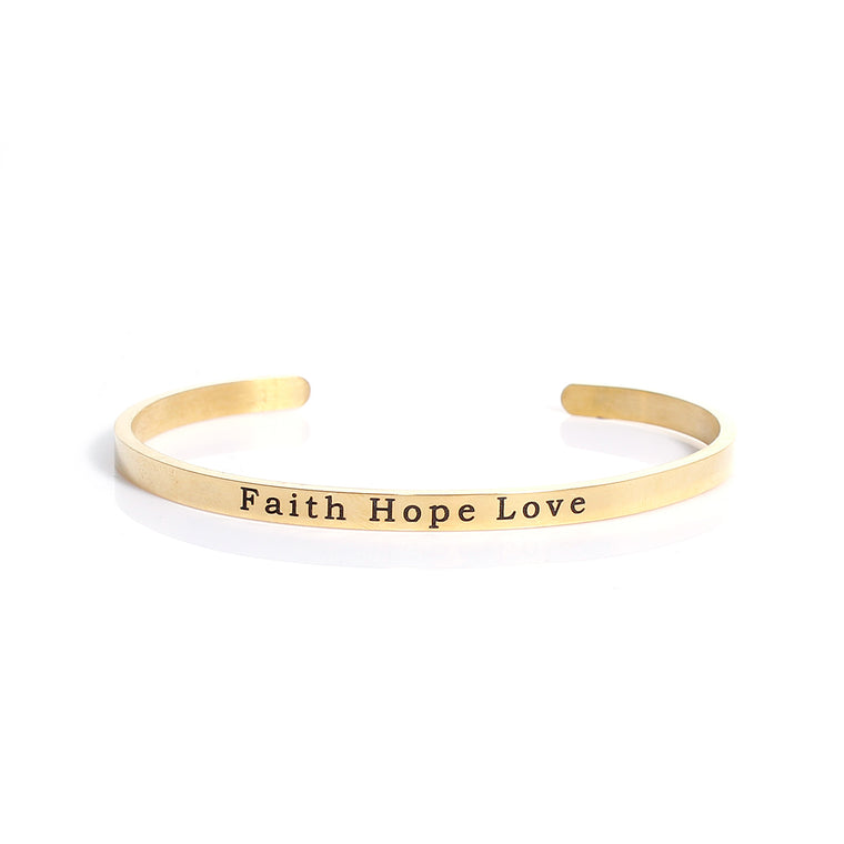 Faith Hope Love Gold Plated Stainless Steel Stacking Bangle Bracelet Inspirational Quote Bracelet Positive Energy Cuff Bracelet