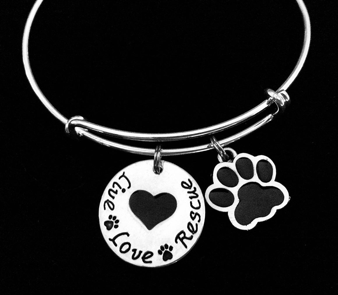 Live Love Rescue Paw Print with Heart Charm on a Silver Expandable Adjustable Wire Bangle Bracelet Meaningful Gift Animal Lover Gift Rescue