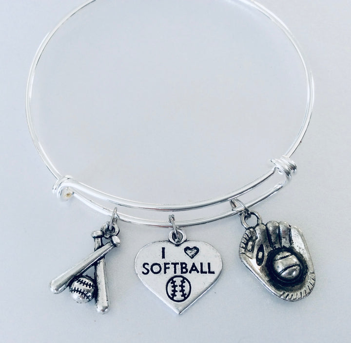 I Love Softball Bats Mitt Glove Expandable Charm Bracelet Adjustable Bangle Sports Team Coach Gift