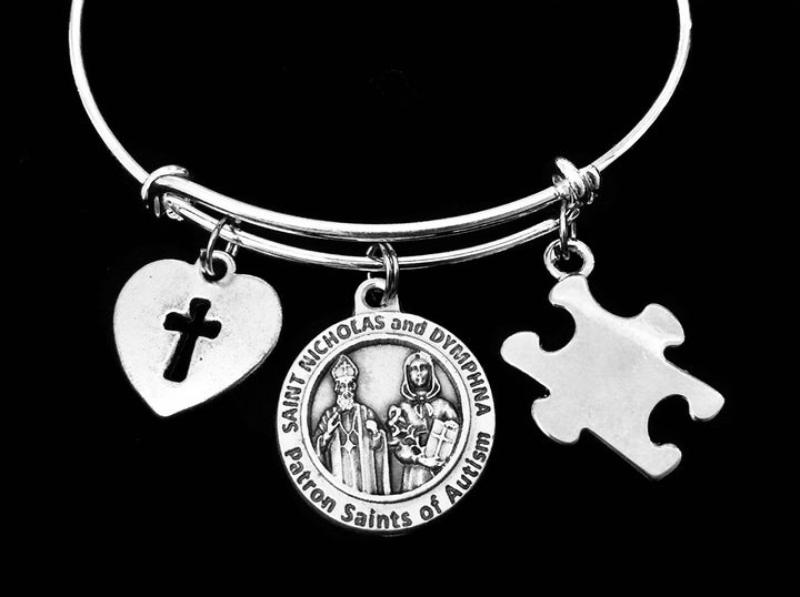 Saint Nicholas and Saint Dymphna Autism Awareness Bracelet, Silver Puzzle Piece Expandable Charm Bangle, Catholic Patron Saints Jewelry Gift