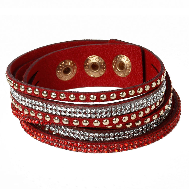 Red Wrap Adjustable Bracelet Vegan Suede Slake Bracelet Rhinestone Gift