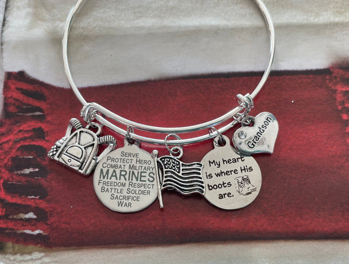 Marine Grandson Gift for Grandmother of Marine Jewelry Expandable Charm Bracelet Silver Adjustable Bangle One Size Fits All Gift