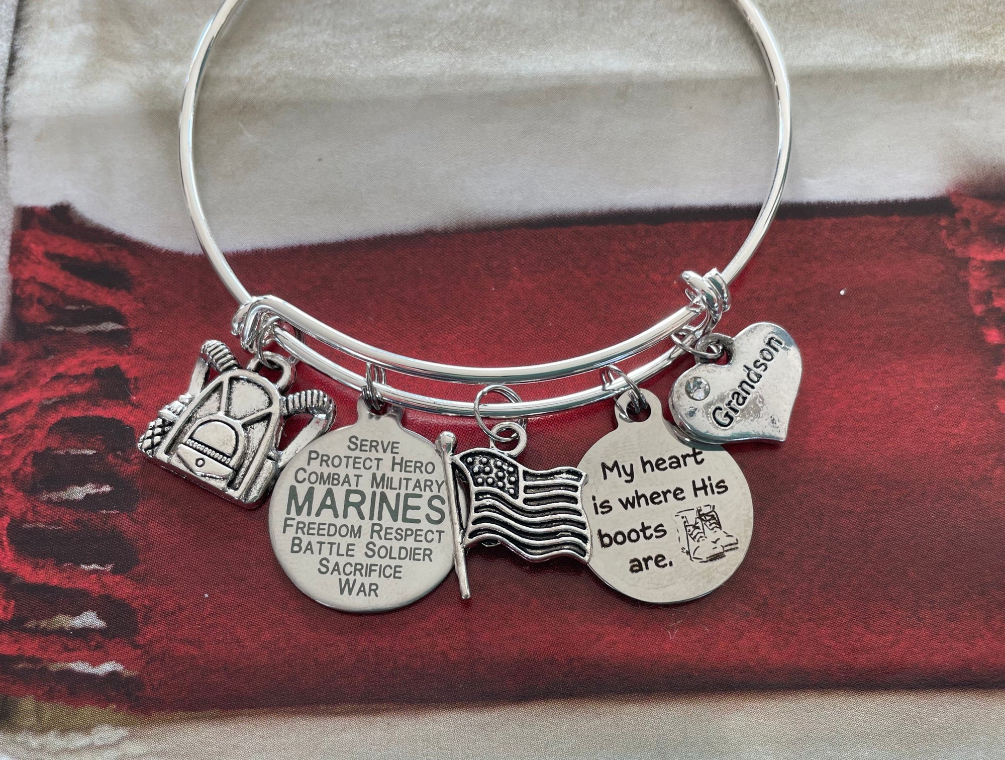 Marine Grandson Gift for Grandmother of Marine Jewelry Expandable Charm Bracelet Silver Adjustable Bangle One Size Fits All Gift