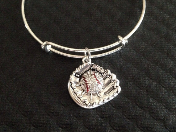 Crystal Baseball Mitt Charm on Expandable Silver Bangle Adjustable Coach Gift Team Gift