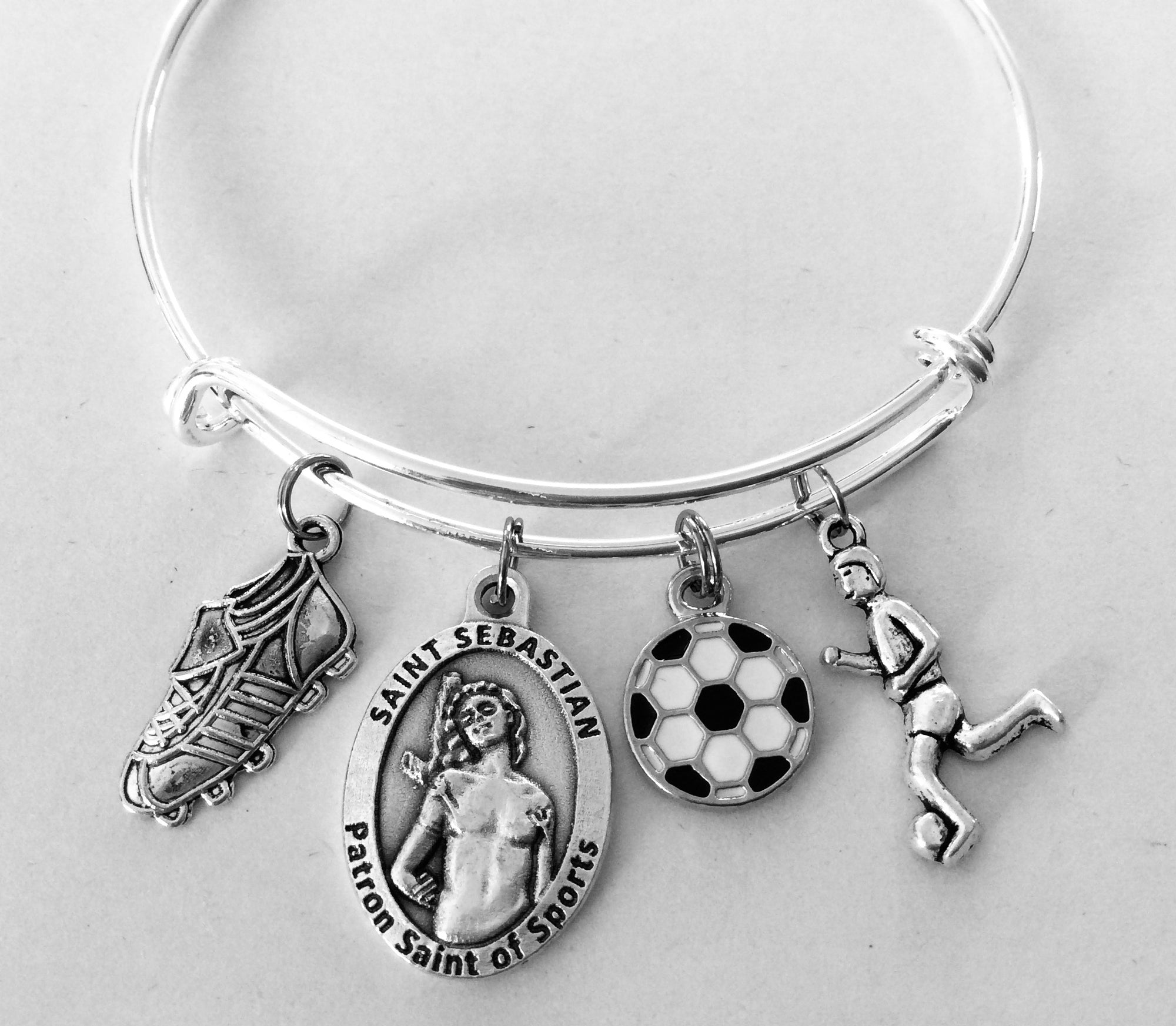 Saint Sebastian Patron Saint of Sports Soccer Jewelry Adjustable Bracelet Silver Expandable Charm Bangle Soccer Ball Cleat One Size Fits All Inspirational Gift Soccer Girl
