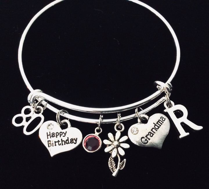 80th Birthday Grandma Charm Bracelet – Adjustable Silver Bangle with Heart, Flower, Birthstone &amp; Initial Charms