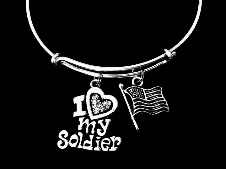 I Love My Soldier Jewerly Adjustable Bracelet Silver Expandable Charm Bracelet Bangle Flag USA Gift