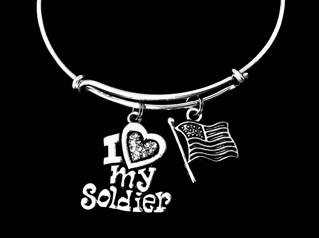 I Love My Soldier Jewerly Adjustable Bracelet Silver Expandable Charm Bracelet Bangle Flag USA Gift