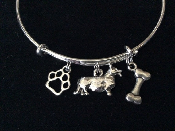 Corgi Dog Charm on a Silver Expandable Adjustable Bangle