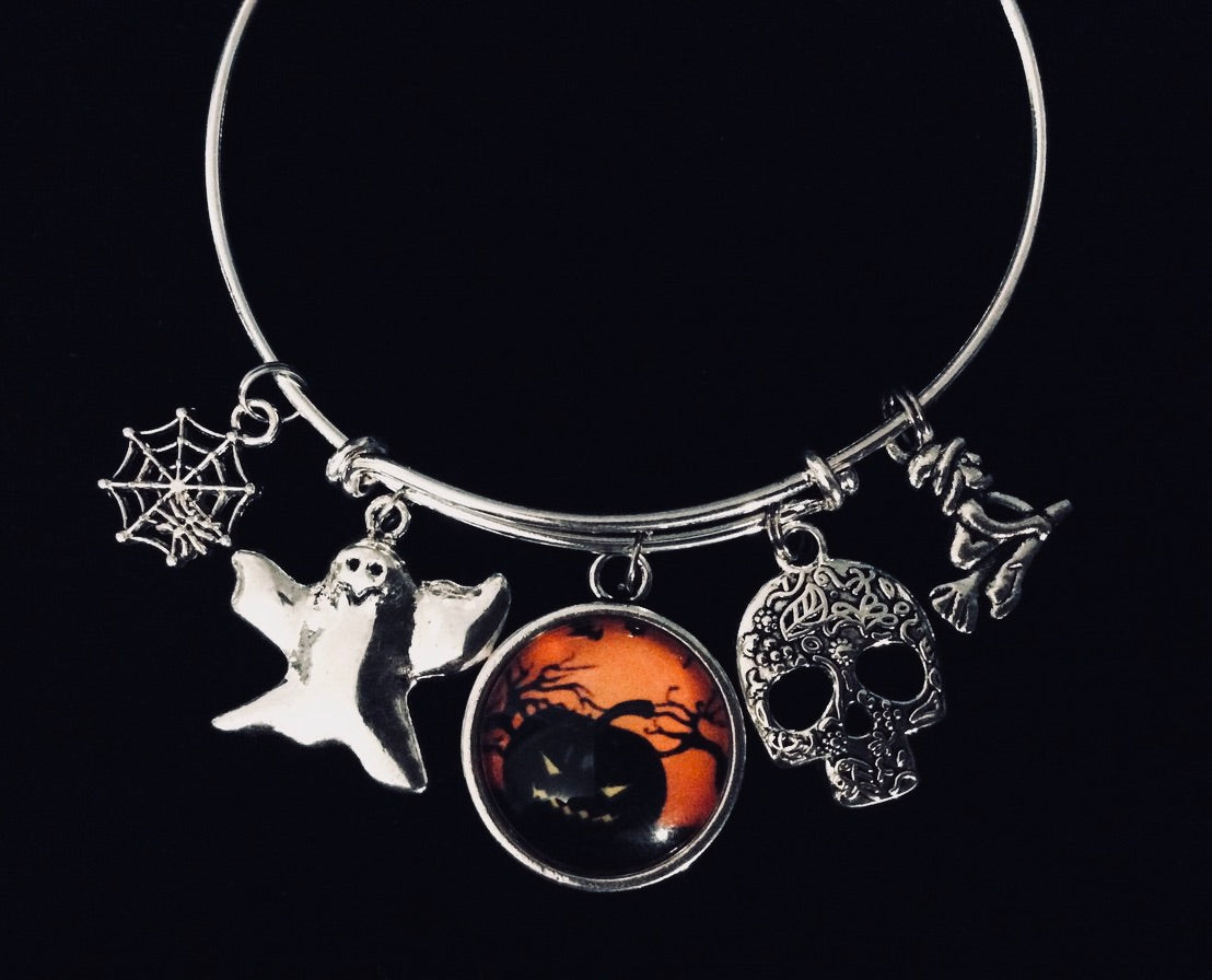 Scary Halloween Jewelry Adjustable Bracelet Silver Expandable Charm Bangle One Size Fits All Gift Witch Ghost Sugar Skull Pumpkin Spider