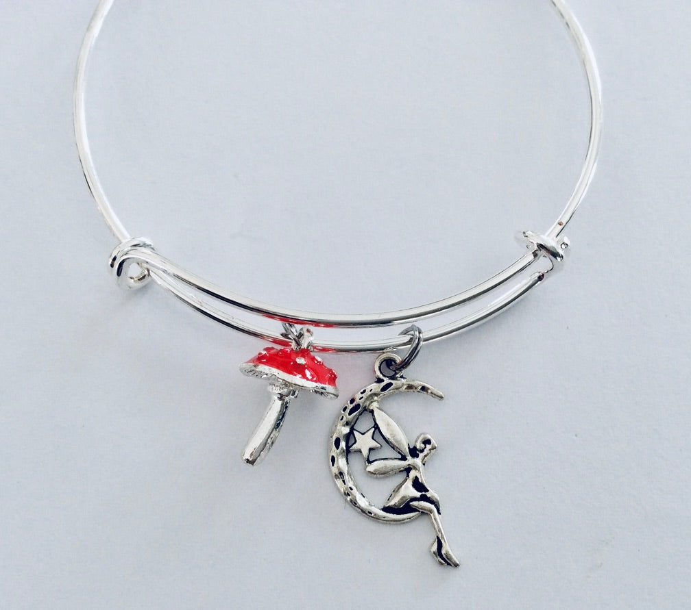 Red Mushroom Charm Bracelet Fairy Expandable Charm Bracelet Silver Adjustable One Size Fits All Fairies Pixie
