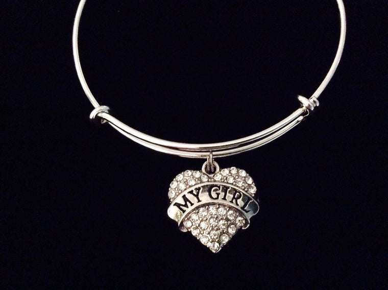 My Girl Crystal Heart Adjustable Bracelet Expandable Charm Silver Wire Bangle Wife Daughter Girlfriend Gift Rhinestone Bling Bracelet