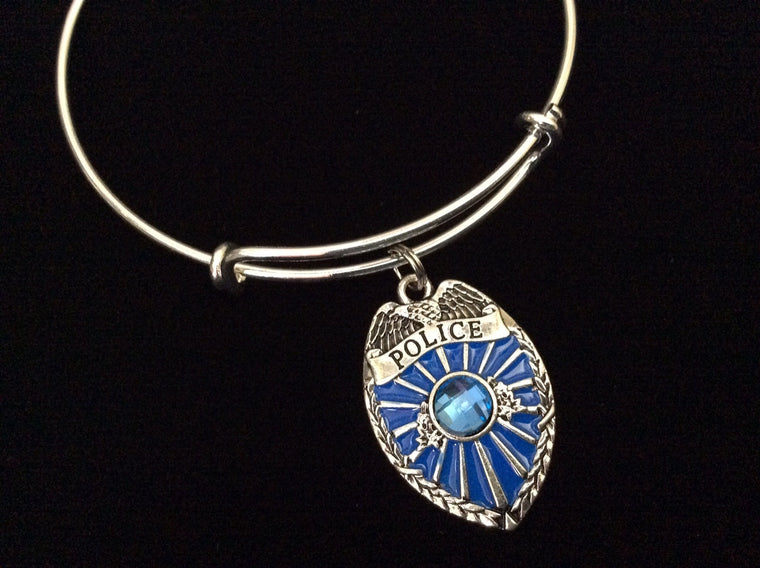 Police Badge Blue Crystal Expandable Charm Bracelet Adjustable Wire Bangle