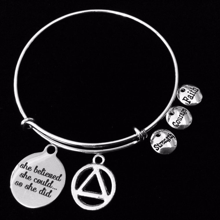 She Believed She Could AA Recovery Expandable Charm Bracelet Adjustable Bangle Alcoholics Anonymous Inspirational Meaningful