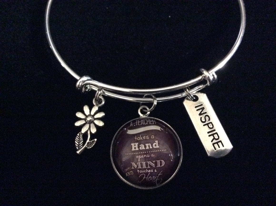 Inspire A Teacher Takes a Hand Touches a Heart Adjustable Bracelet Expandable Silver Charm Bangle Gift Trendy School One Size Fits All Gift