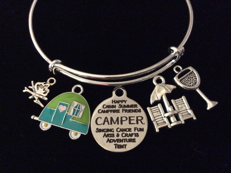 Love Camp Life Happy Camper Jewelry Camping Adjustable Bracelet Expandable Silver Charm Bangle Camp Fire