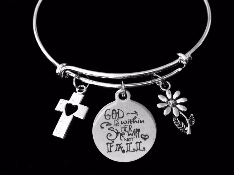 God in Within Her She Will Not Fall Adjustable Bracelet Silver Expandable Charm Bangle One Size Fits All Inspirational Gift Cross Daisy Flower
