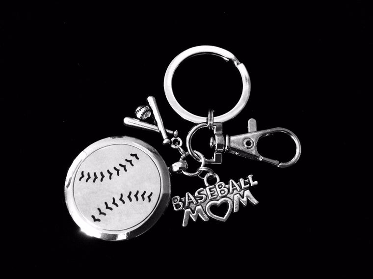 Baseball Mom FOB Aromatherapy Key Chain Baseball Bat Silver Key Ring Gift Lobster Claw Closure Essential Oil Diffuser Locket