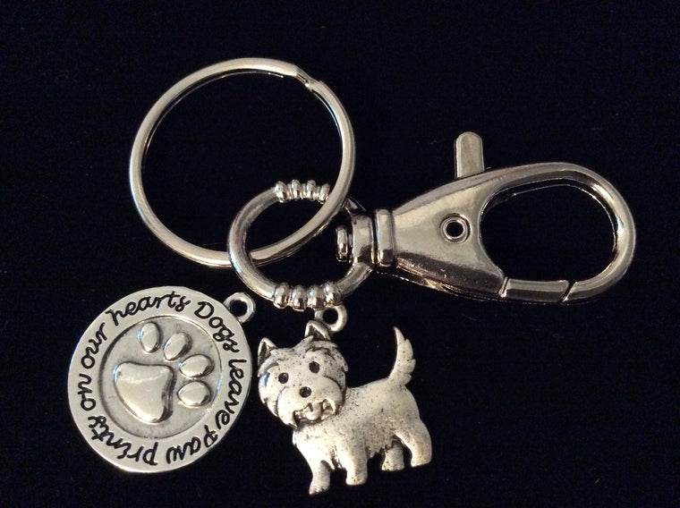 Dogs Leave Paw Prints on Our Hearts Westie Dog Memorial FOB Keychain Silver Key Chain Meaningful Dog Lover Gift