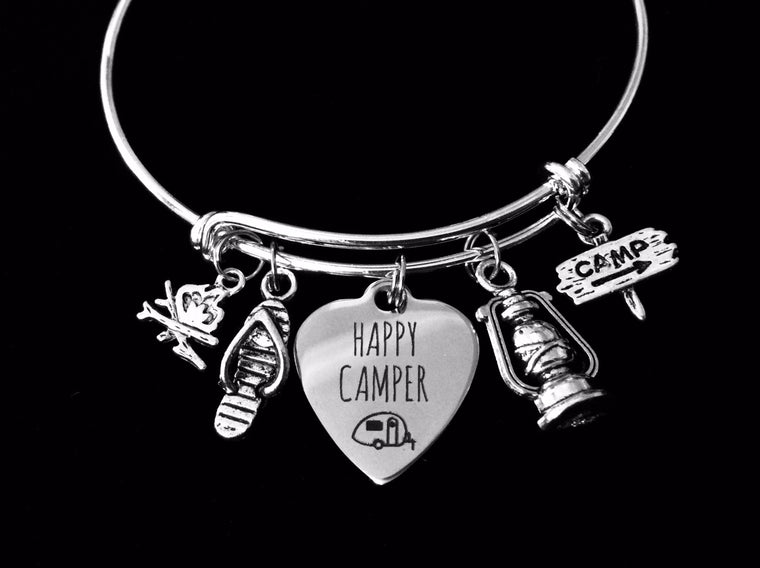 Happy Camper Jewelry Adjustable Silver Charm Bracelet Expandable Wire Bangle One Size Fits All Gift Trendy Camp Fire Lantern Flip Flop 