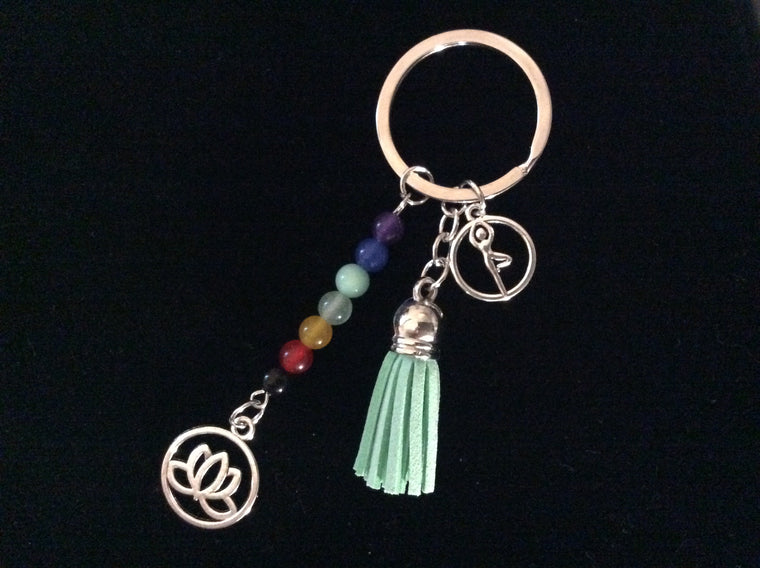 Chakra FOB KeyChain Gift Silver Key Ring Mint Green Tassel Lotus Balance Yoga