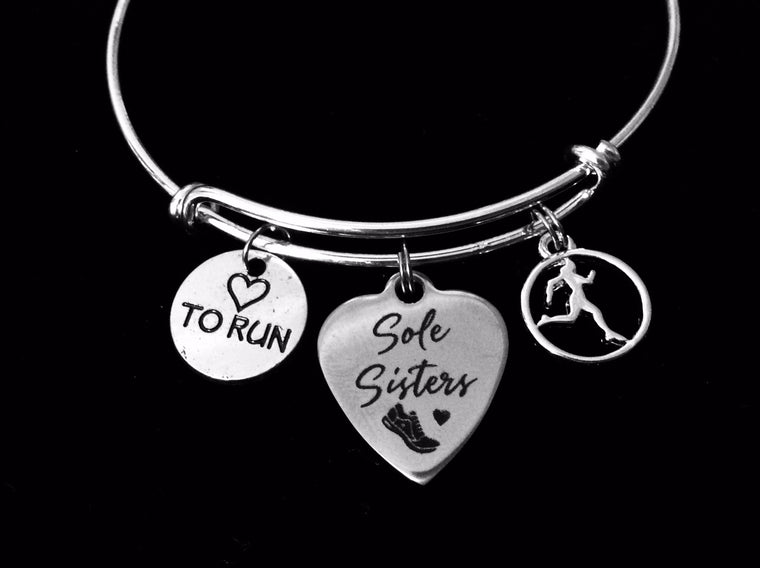 Sole Sisters Love to Run Jewelry Adjustable Charm Bracelet Runner Expandable Silver Wire Bangle One Size Fits All Gift Running Best Friend