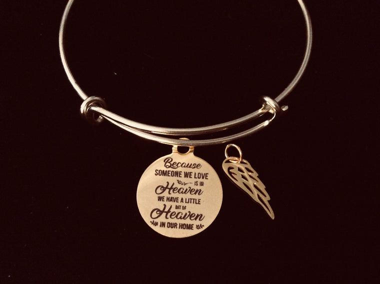 Gold Memorial Jewelry Expandable Charm Bracelet Because Someone We Love Is in Heaven We Have A Little Bit of Heaven in Our Home Adjustable Wire Bangle One Size Fits All Gift Angel Wing