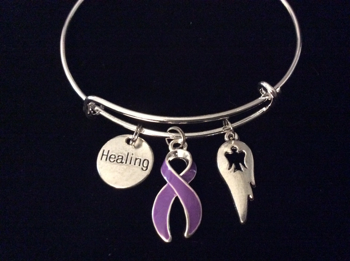 Purple Awareness Ribbon Adjustable Bracelet Expandable Silver Wire Bangle Healing Guardian Angel Wing Trendy One Size Fits All Gift (Other Awareness Ribbons Available)