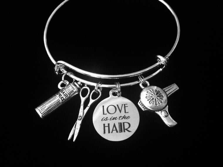 Love is In the Hair Stylist Jewelry Silver Expandable Charm Bracelet Adjustable Bangle One Size Fits All Gift Beauty Scissors Hair Spray Hair Dryer