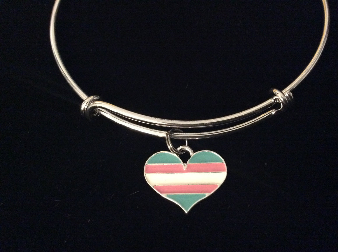 Transgender Heart Pink and Blue Stripe Flag Expandable Charm Bracelet Silver Adjustable Bangle One One Size Fits All Gift
