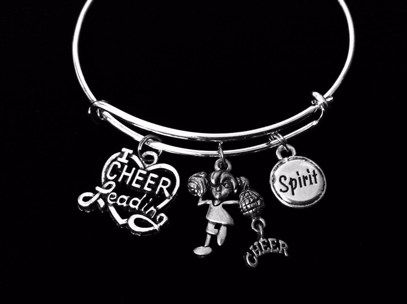 I Love Cheerleading Jewelry Adjustable Charm Bracelet Expandable Silver Bangle Cheerleader Cheer Gift Spirit 