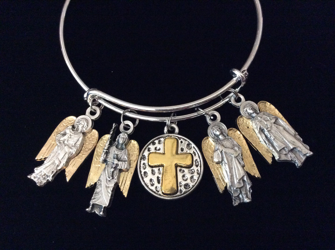 Archangel Expandable Charm Bracelet Jewelry Angel Michael Gabriel Raphael Uriel Inspirational Catholic Jewelry Adjustable Silver Gold 2 Toned One Size Fits All Gift