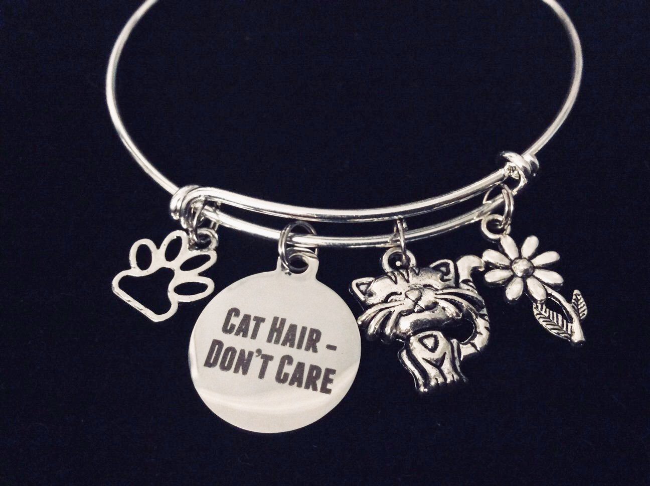 Cat Hair Don't Care Expandable Charm Bracelet Silver Adjustable Wire Bangle One Size Fits All Gift Paw Print