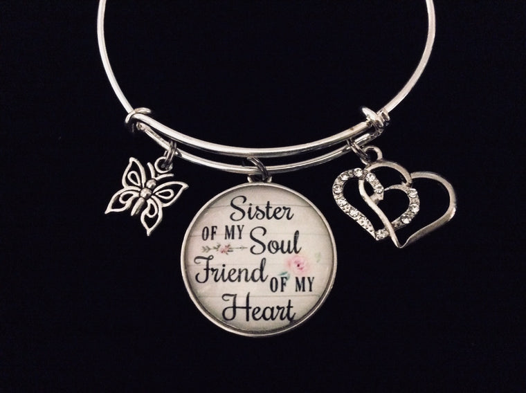 Sister of My Soul Friend of My Heart Expandable Charm Bracelet Silver Adjustable Bangle Best Friend Jewelry BFF Sis Double Heart Butterfly One Size Fits All Gift