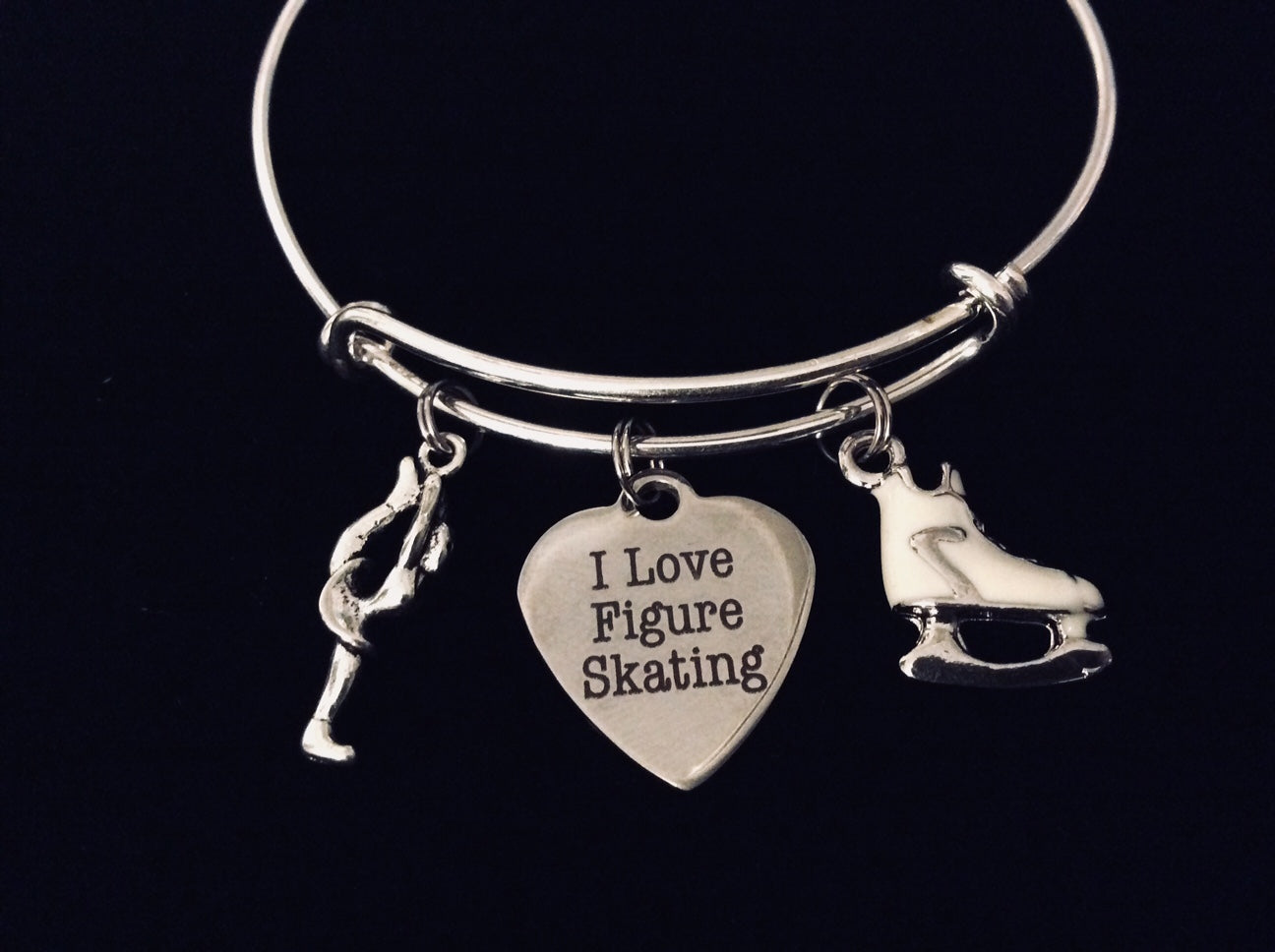 I Love Figure Skating Expandable Charm Bracelet Silver Adjustable Bangle Skater Jewelry White Skate One Size Fits All Gift