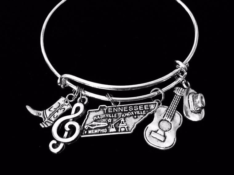 Nashville Tennessee Adjustable Charm Bracelet Memphis Expandable Silver Bangle Cowboy Hat Country Music Guitar One Size Fits All Gift