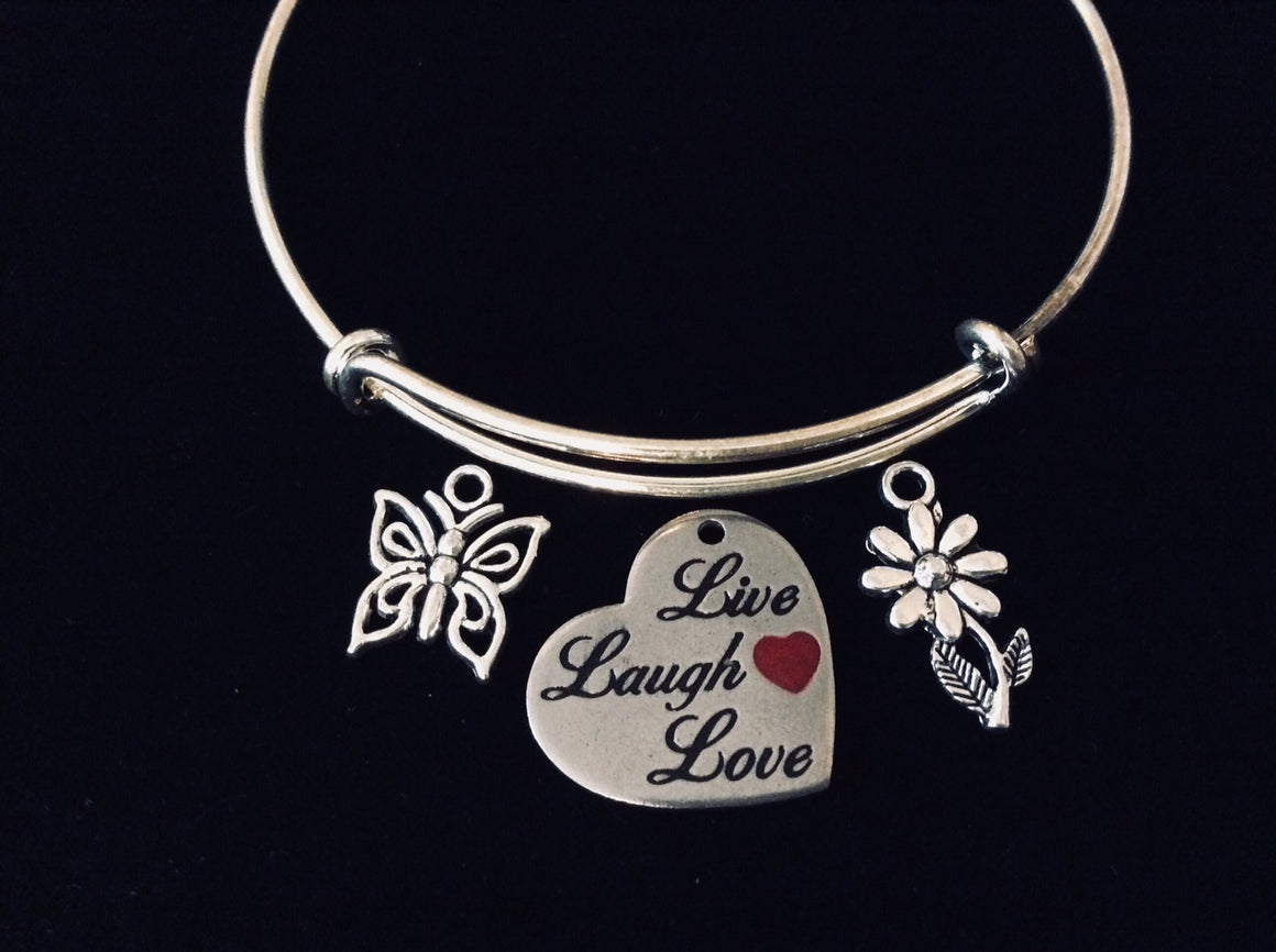 Live Love Laugh Expandable Charm Bracelet Silver Adjustable Bangle Butterfly Daisy Jewelry One Size Fits All Gift