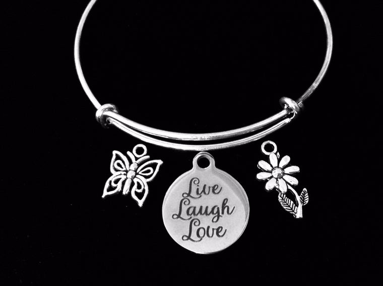 Live Love Laugh Expandable Charm Bracelet Silver Adjustable Bangle Butterfly Daisy Jewelry One Size Fits All Gift
