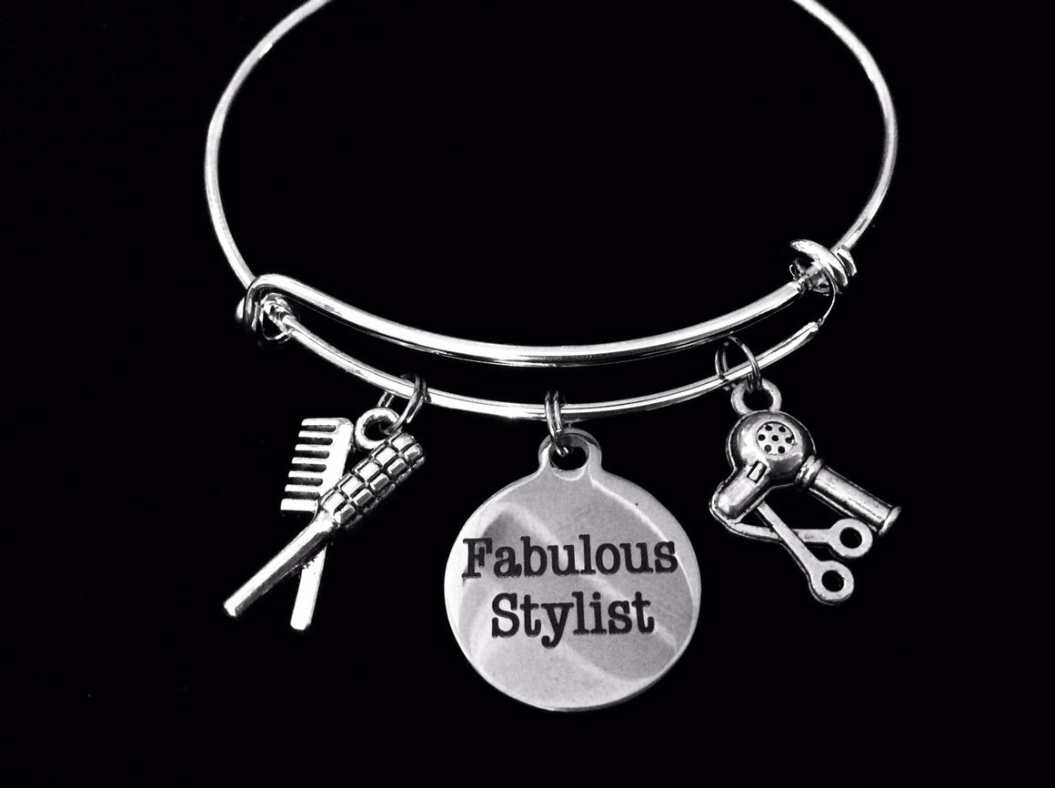 Fabulous Hair Stylist Charm Bangle Scissors, Blow Dryer, Comb, Brush on a Silver Expandable Adjustable Bangle Bracelet Trendy Stacking Handmade Gift