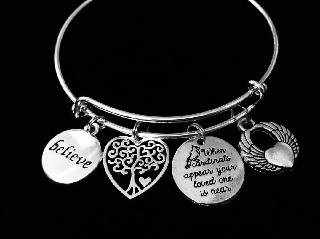 Believe When Cardinals Appear Your Loved One is Near Expandable Charm Bracelet Adjustable Silver Bangle Memorial Jewelry One Size Fits All Gift Tree of Live Angel Wing Heart