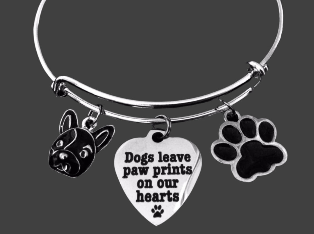French Bull Dog Jewelry Dogs Leave Paw Prints on our Heart Expandable Charm Bracelet Silver Adjustable Wire Bangle Animal Lover One Size Fits All Gift
