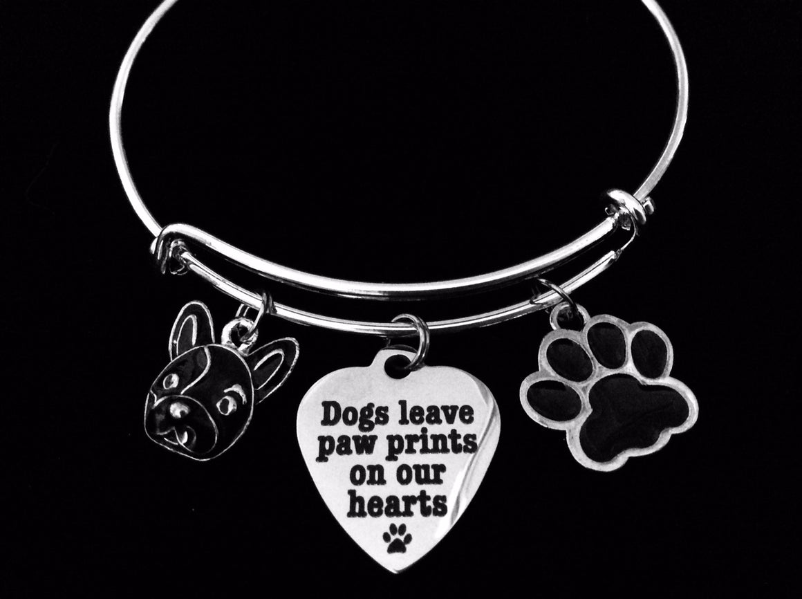 French Bull Dog Jewelry Dogs Leave Paw Prints on our Heart Expandable Charm Bracelet Silver Adjustable Wire Bangle Animal Lover One Size Fits All Gift
