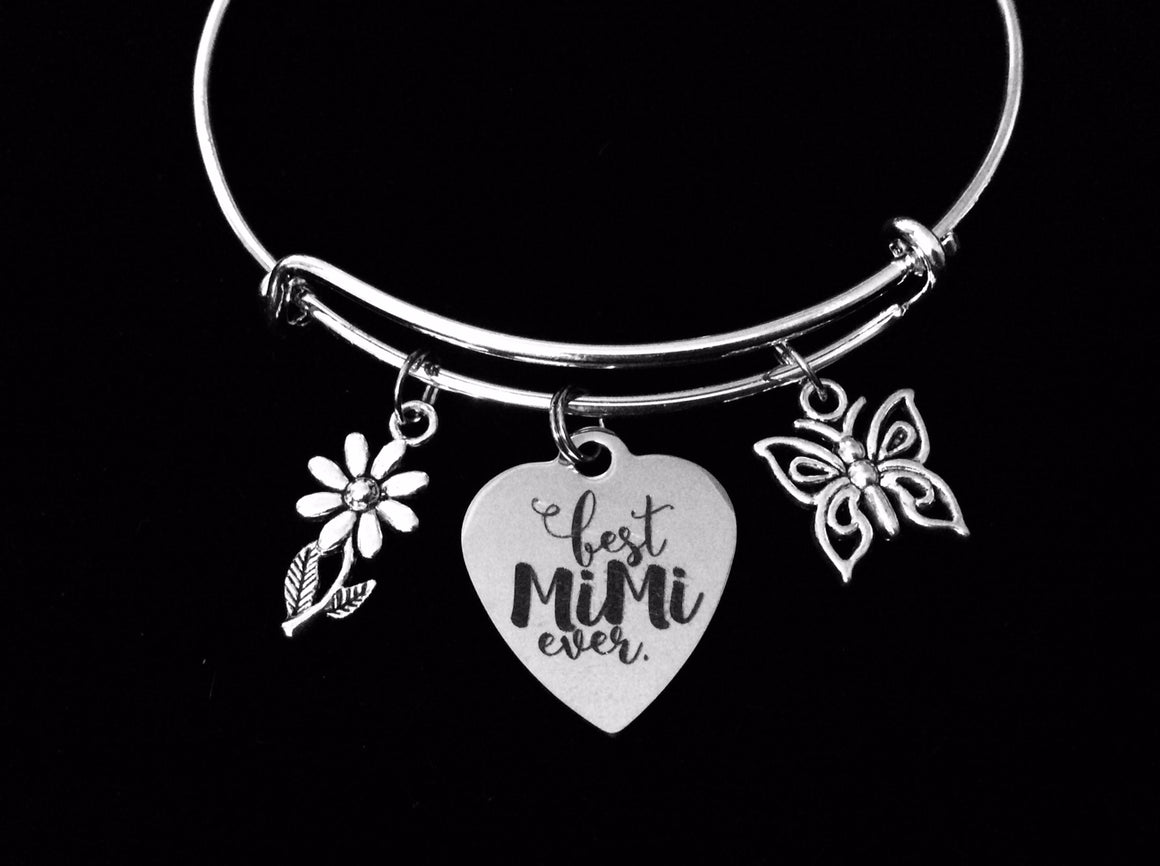 Best Mimi Ever Expandable Charm Bracelet Adjustable Silver Bangle Meaningful One Size Fits All Gift Grandmother Butterfly Daisy